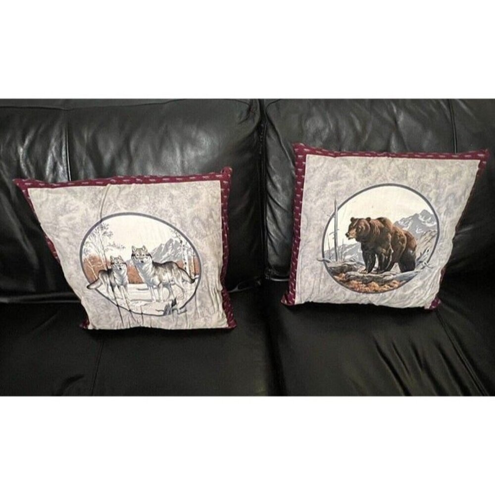 Handmade Hudson Scene 2 Bear Wolf Throw Pillow 15" Square Cabin Woodsy Mountains